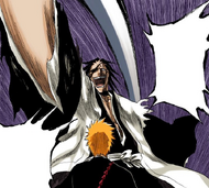 Ichigo is attacked by a subconscious apparition of Kenpachi.