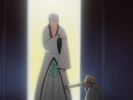 Wonderweiss stops Gin Ichimaru from entering the room.