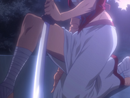 Kūkaku embeds her sword into the ground to initiate Kagizaki.