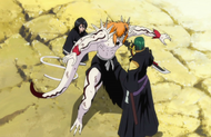 Hollow Ichigo protects Rukia from Yushima's attack.