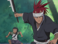 Renji protects a young boy from the Bitto.