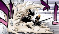 Kenpachi confronts Ichigo after bursting through a wall in front of him.