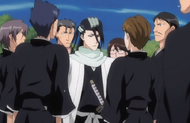 The 6th Division members look tense and uneasy around Byakuya.