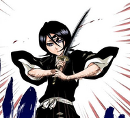 Rukia is compelled to hold her Zanpakutō against her own neck by Zommari through Amor.