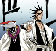 Kenpachi Zaraki interrupts Mayuri's interrogation.