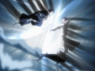 Aaroniero clashes fiercely with Rukia.