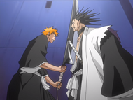 Ichigo fails to cut Kenpachi.