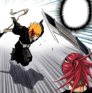 Ichigo rushes toward Renji while he is still retracting Zabimaru.