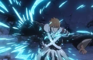 Ichigo cuts through the Heilig Pfeil' that Uryū fires at him after he moves.