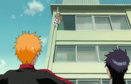 Orihime slides down the drain pipe.