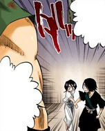 Hanatarō grabs Rukia after entering her cell with Ganju Shiba.