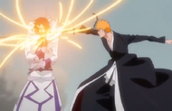 Ichigo slashes at Muramasa, who blocks with his sword.