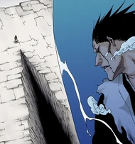 Kenpachi is trapped in water as Gremmy opens a crevice underneath him.