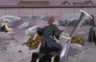 Renji Abarai appears before Hitsugaya and Rukia Kuchiki.