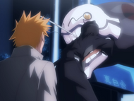 Fishbone D bites Rukia, badly wounding her.