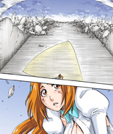 Orihime looks on as Ichigo and Yhwach battle.