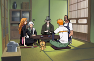 Ichigo, Hitsugaya, and Rangiku meet with Kisuke Urahara.