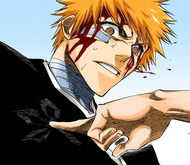 Byakuya places his finger on Ichigo's shoulder.