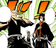 Ikkaku and Yumichika arrive to fight the lieutenants, surprising Kenpachi.