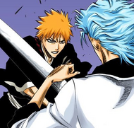 Grimmjow blocks Zangetsu with his bare hand.