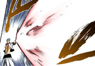 Grimmjow obliterates the upper half of Menoly's body with a Cero.