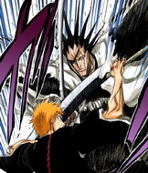 Ichigo barely manages to block Kenpachi's strike.