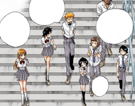 Ichigo and his friends discuss Rukia's involvement in saving them.
