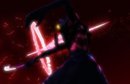 Kokujō Tengen Myō'ō slashes its sword into Bambietta, pushing her own bombs back into her body and creating an explosion.