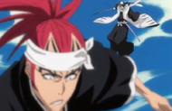 Byakuya appears behind Renji.