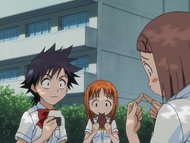 Michiru explains to Tatsuki and Orihime that she finds Ichigo's face scary.