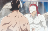 Renji withstands a punch from Tenjirō Kirinji to prove that he has healed.