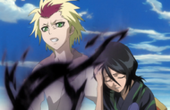 Homura emanates dark Reiatsu as she moves in front of Rukia.