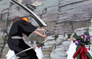 Ichigo dodges throwing knives from Benin.