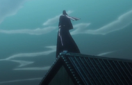 Byakuya stands on top of a tower.