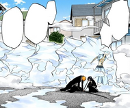 Rukia tends to Ichigo after freezing Grimmjow with Tsugi no mai, Hakuren.