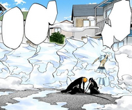 Grimmjow is left frozen solid by Tsugi no mai, Hakuren.