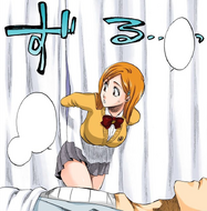 Orihime passes through Ichigo's curtains into his room.