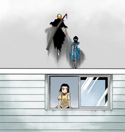 Karin sees Rukia running alongside Ichigo in his Shinigami attire.