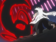 Byakuya is shocked to be attacked with a black Getsuga Tenshō.