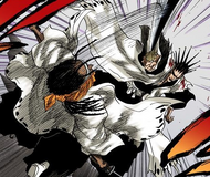 Tōsen narrowly evades Kenpachi's stab.