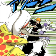 Ichigo slams Zangetsu into Dondochakka Birstanne.