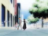 Rukia Kuchiki sheathes her Zanpakutō in front of Ichigo.