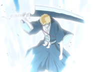 Ichigo gets up amid a burst of Reiatsu.