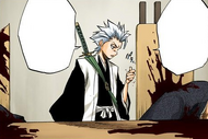 Hitsugaya examines the dried blood in the council chamber.