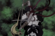 Byakuya swings his blade toward Kōga.