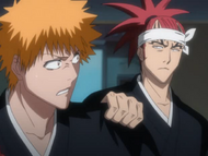 Renji stops Ichigo from antagonizing Yamamoto.