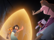 Orihime protects Rukia and Kon with Santen Kesshun.