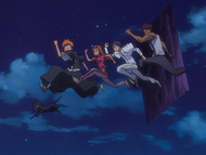 Orihime and her friends emerge from the Dangai in midair.