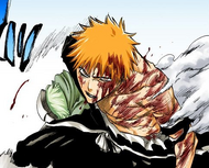 Ichigo is left burned and bloodied by Ulquiorra's Cero.