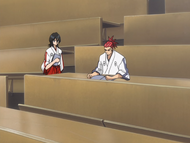 Rukia finds Renji still sitting in the classroom.